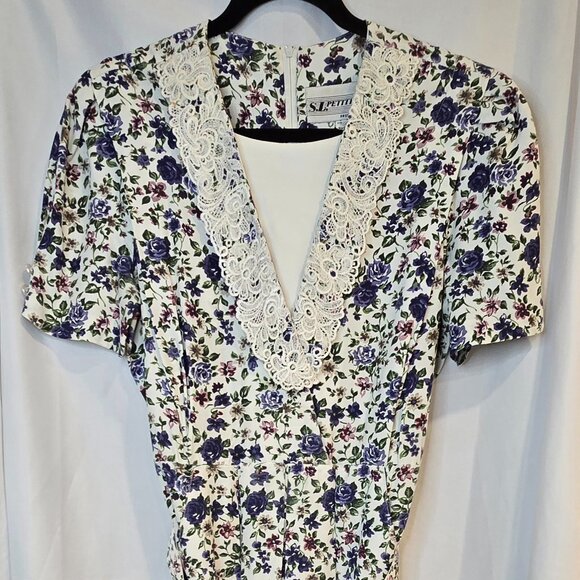 Vintage 80s Shirt Dress Floral Romantic Belted, Blue, Size 12 - Picture 1 of 15